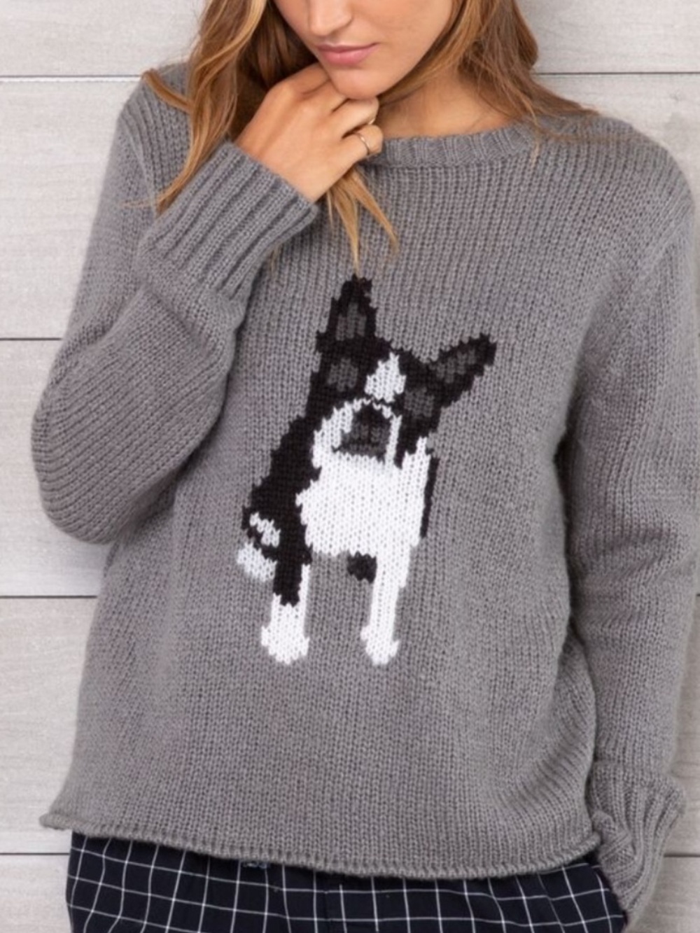 RARE Wooden Ships Pullover Frenchie Dog Black Grey Sweater M/L